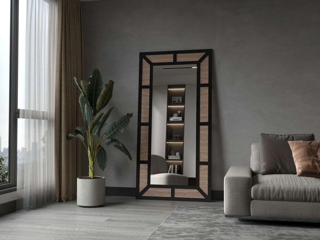Огледало за под Hanah Home од ратан, 90 см x 180 см, црно