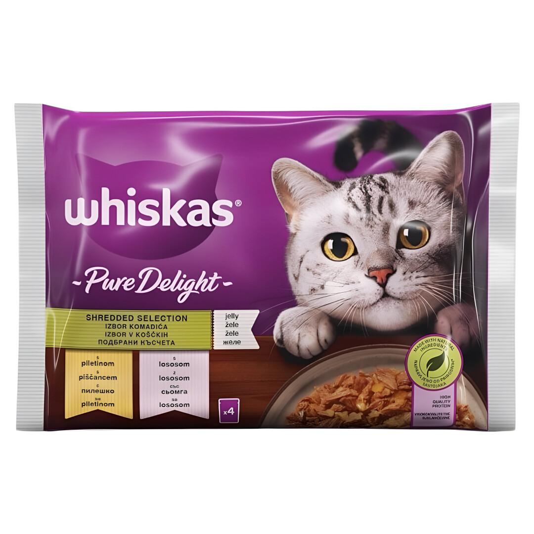 WHISKAS Pure Delight Парчиња со Пилешко и Лосос во желе за Мачки [Кесичка 4×85гр]