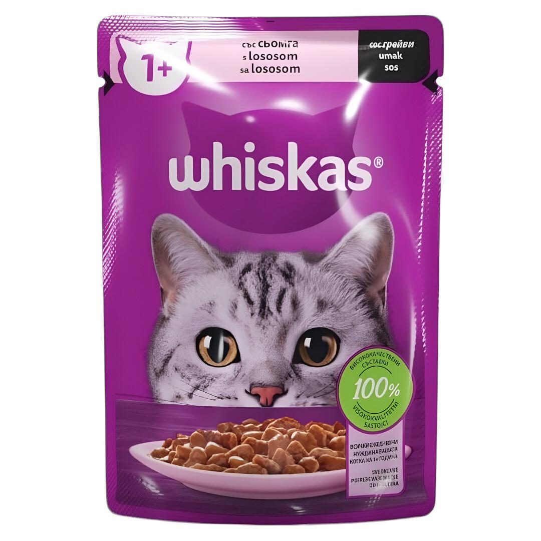 WHISKAS 1+ Парчиња со Лосос во сос за Мачки [Кесичка 85гр]