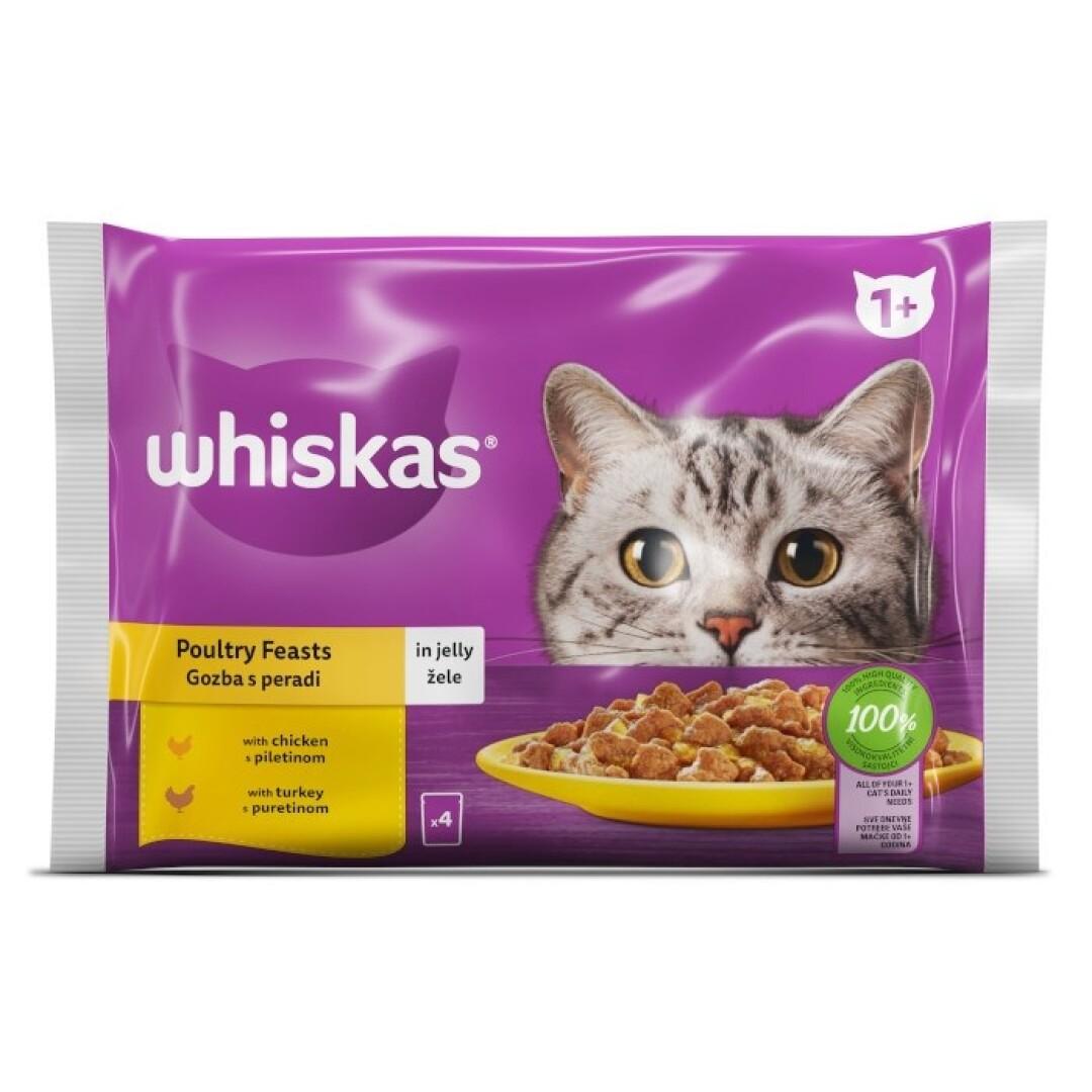WHISKAS Poultry feasts Парчиња со Пилешко и Мисирка во желе за Мачки [Кесичка 4×85гр]