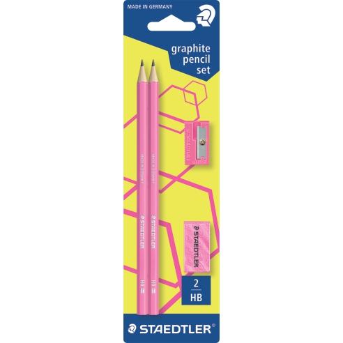 STAEDTLER Молив, Сет 2/1,+ Гума и Острилка, Neon, 180FSBK2P1, Интензивно Розева