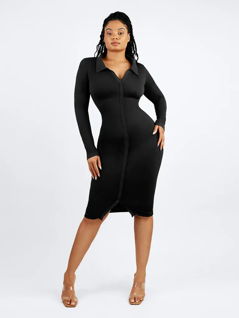 Фустан Long Sleeve Ribbed Button - црн