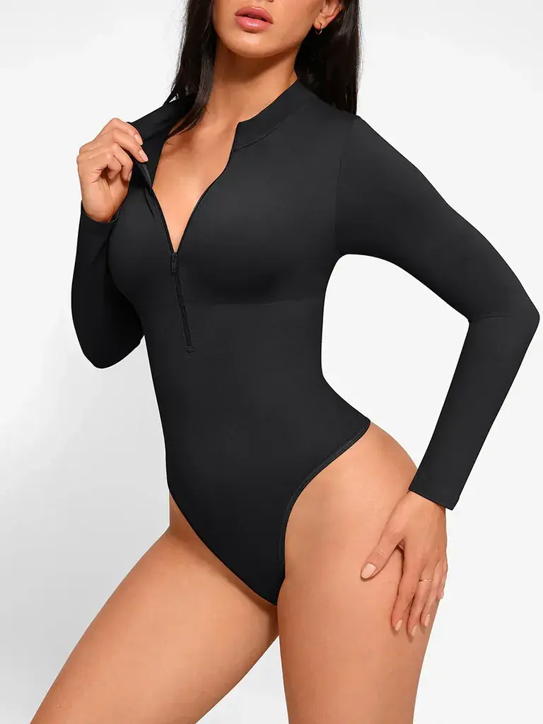 Боди Long Sleeve Zip Up Thong - црно
