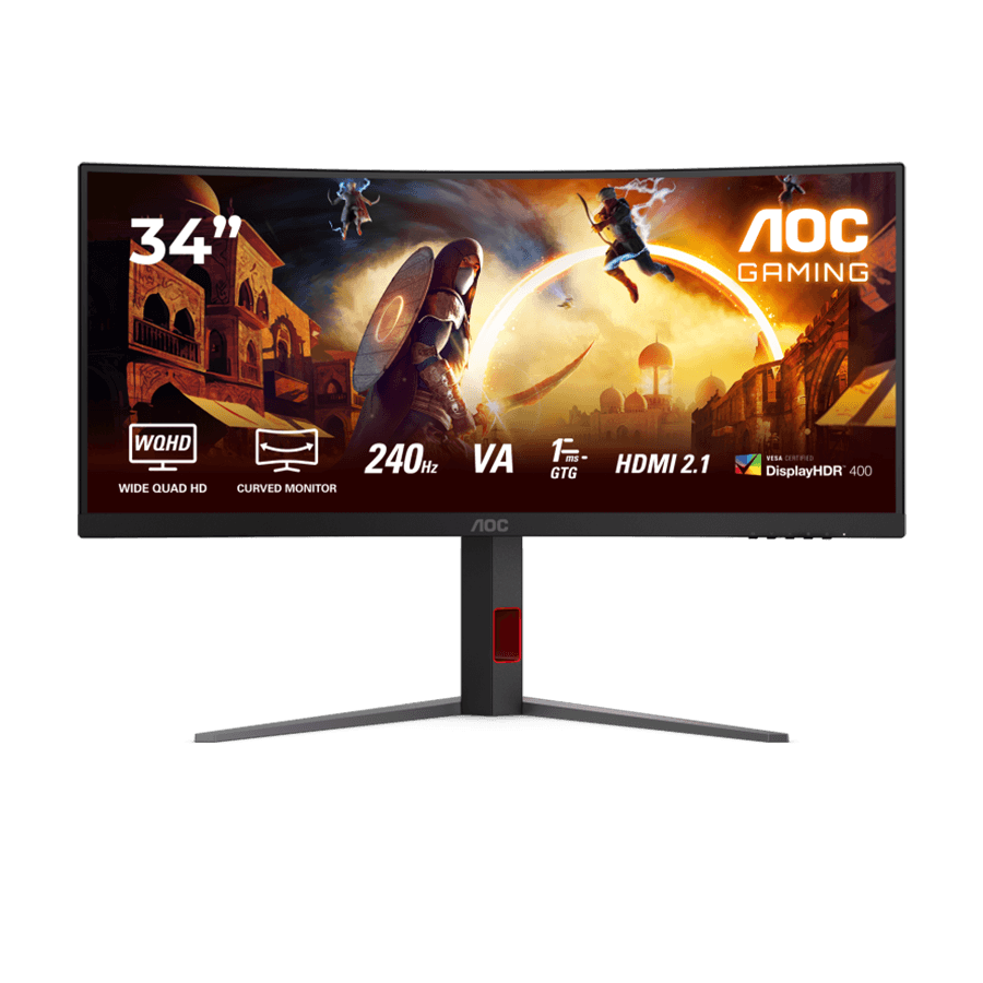 AOC монитор CU34G4Z 34" закривен брз VA, 3440×1440, 240Hz, 1500R, 1ms, HDR400, адаптивна синхронизација, 2×HDMI 2.1, 1×DP 1.4, USB хаб, ергономски, црн