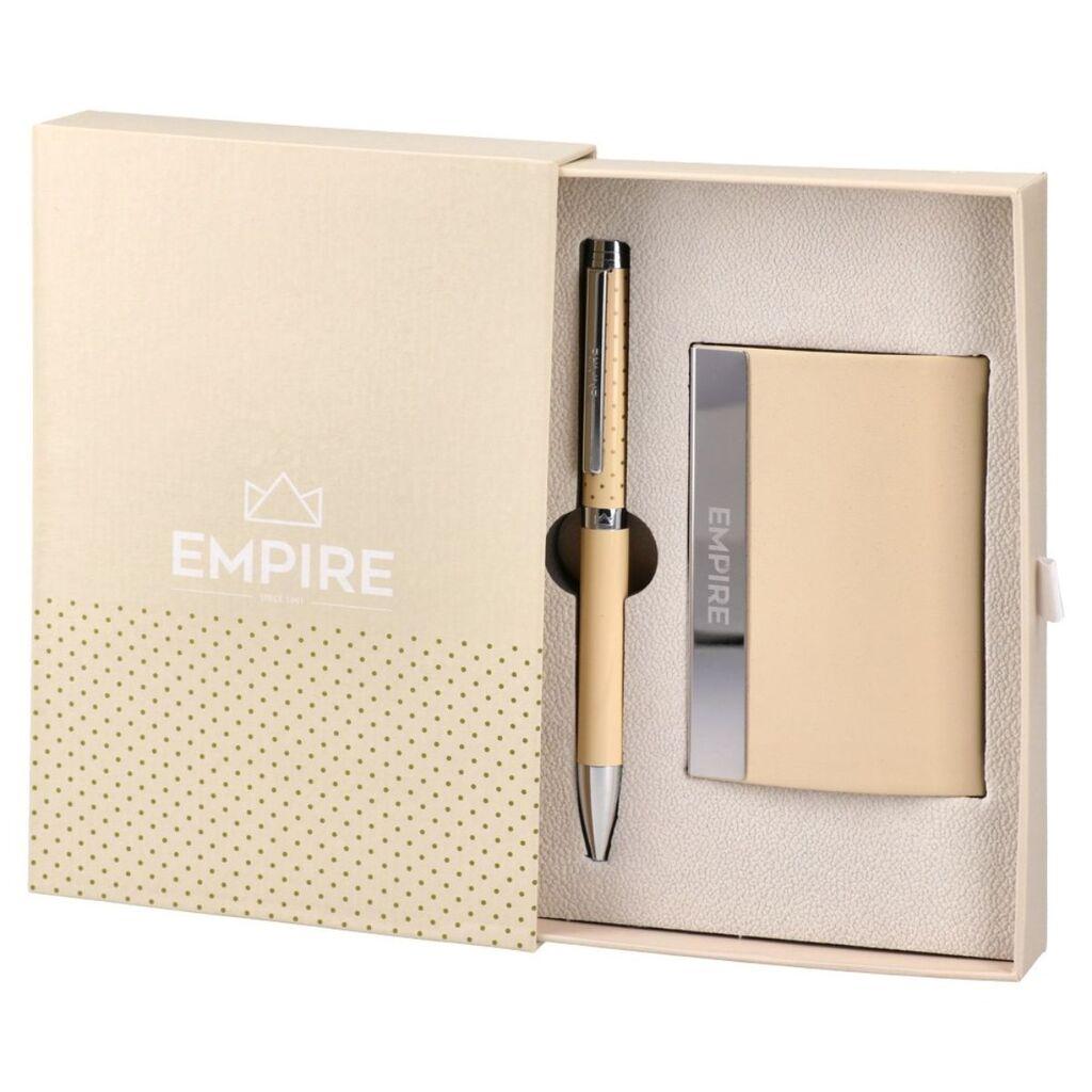 Подарочен сет „Емпаер“ пенкало и држач за картички, кремаста