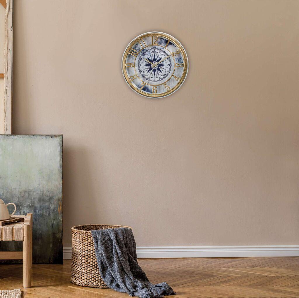 Wallity dzиден часовник Hisar Compass, 40x40 см, сиво-златна боја