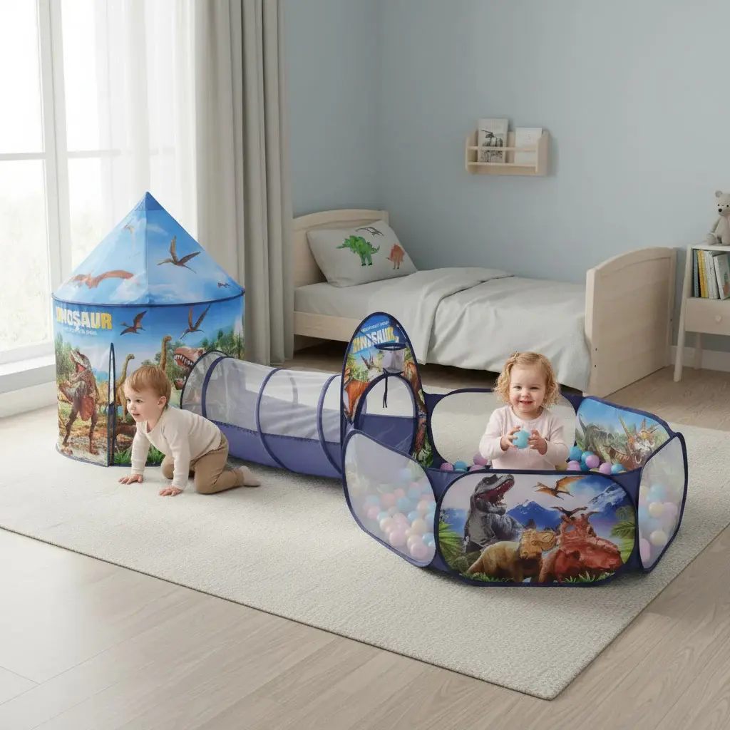 Детски шатор со тунел и игралиште - Диносауруси 3 во 1