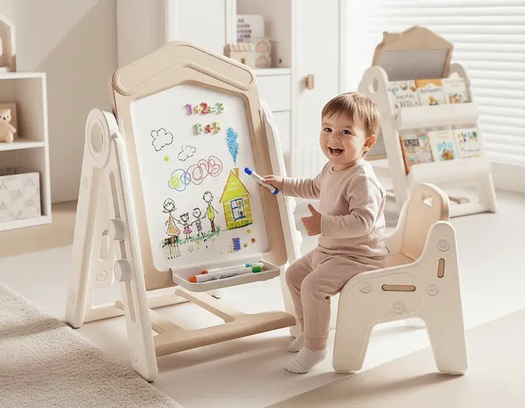 Мултифункционална детска табла 3 во 1 - за цртање, магнети и полица за книги со столче