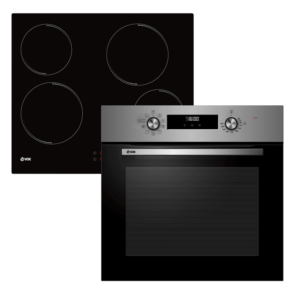 VOX Вграден сет SET2400IXB, Рерна, 70 л + Стаклено-керамичка чинија, 6000 W, Црна