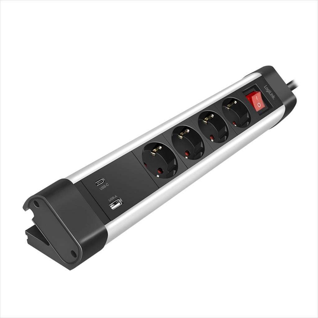 Logilink Продолжен кабел 1,5m, 4xSHUKO, 1xUSB A, 1x Type C(Fast chagre 20W), 3x1,5mm, aluminium, w/ON/OFF switch, desk holder