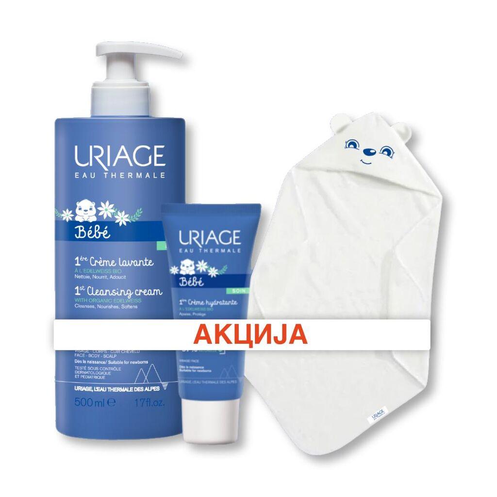 URIAGE Bebe Сет Бебешки хидратантен крем + Bebe 1er Крем за чистење 500ml + Бебешка бањарка