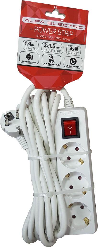 Alfa Electric Продолжен кабел 1.4м со 3 приклучоци + прекинувач POWER-1.4M-3OUT-SWITCH