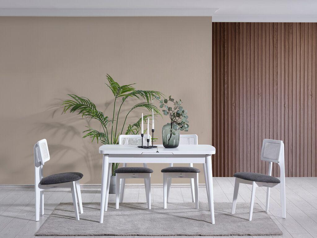 Трпезариска маса и столчиња „Хана Хоум" на расклопување „Мила", 127-156 см, 4 столчиња, бела