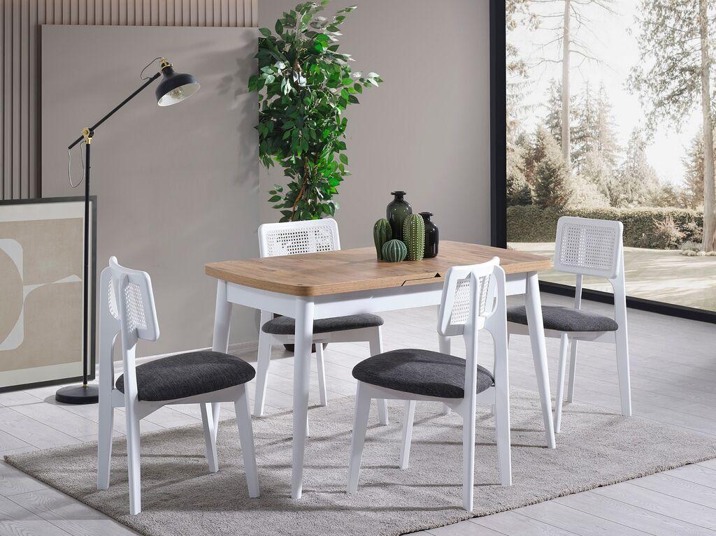 Трпезариска маса и столчиња „Хана Хоум" на расклопување „Мила", 127-156 см, 4 столчиња, бела