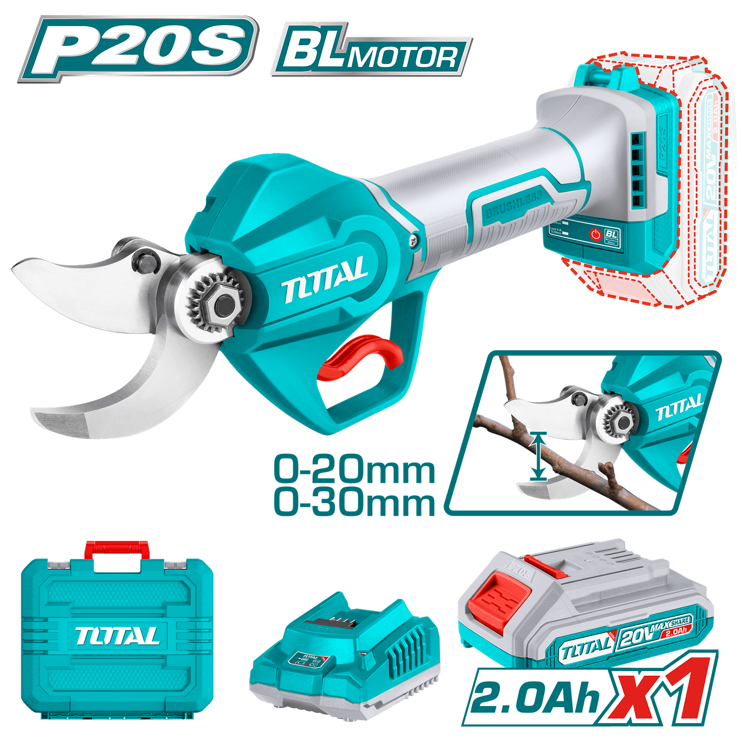 Безжична ножичка за кастрење Total TSSLI203083, BL, 20V, 2Ah, Две брзини, Кутија