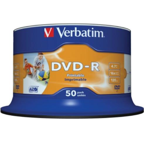 VERBATIM DVD-R, 4.7GB/120min, 16x Speed, Spindle, Сет 1/50, Printable, VER43533