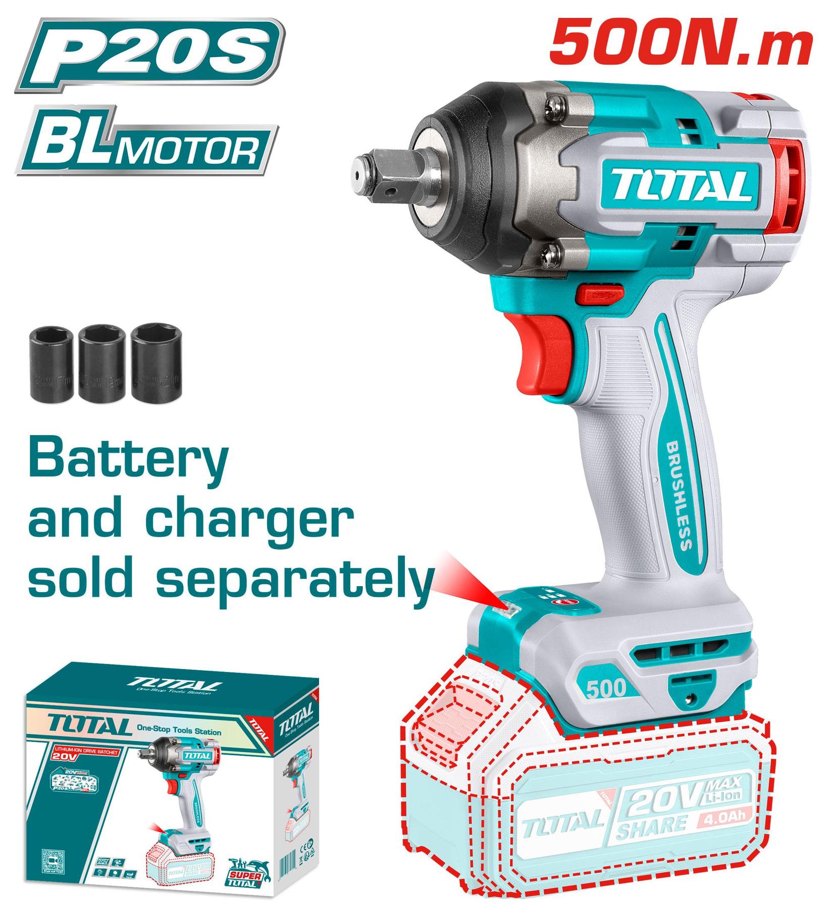Total BL-литиум-јонски ударен драјвер TIWLI20501, 1/2", 20V, 500Nm, три брзини, еднонасочен