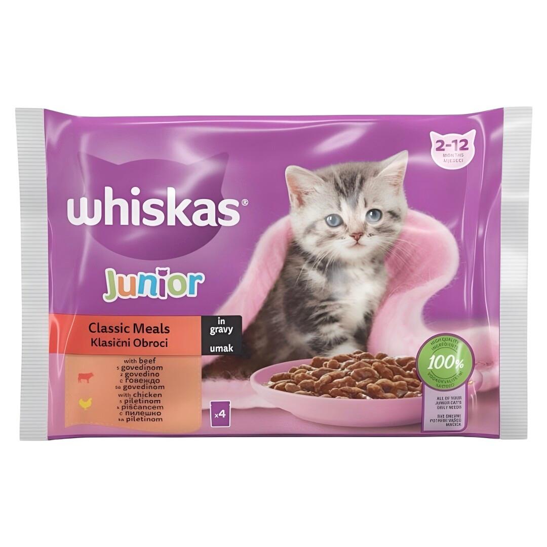 WHISKAS Whiskas Junior Касероли со Пилешко, Мисирка, Патка, Живина во желе [Кесичка 4×85гр]