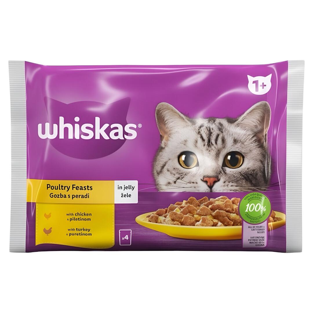 WHISKAS Whiskas Poultry feasts Парчиња со Пилешко и Мисирка во желе [Кесичка 4×85гр]