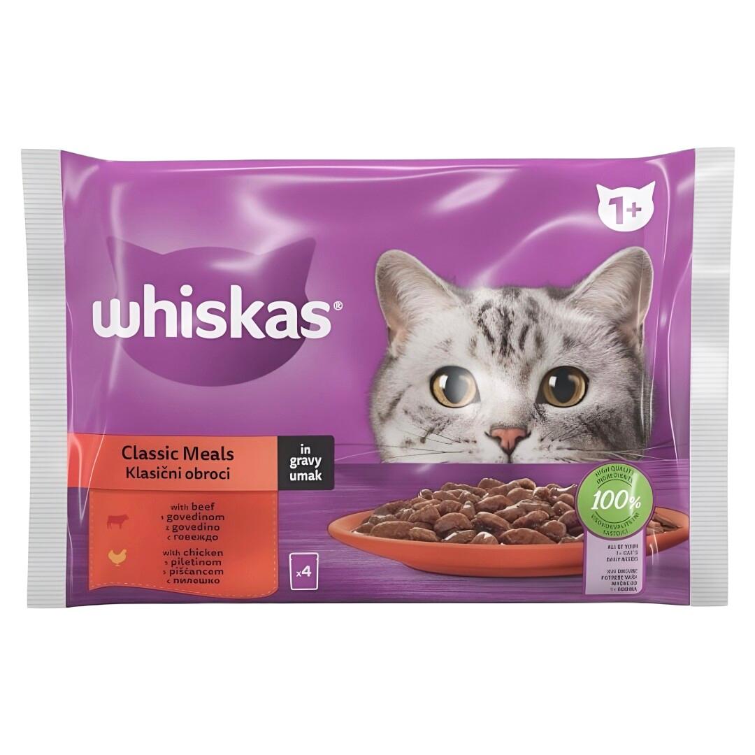 WHISKAS Whiskas Classic Meal Парчиња со Пилешко и Говедско во желе [Кесичка 4×85гр]