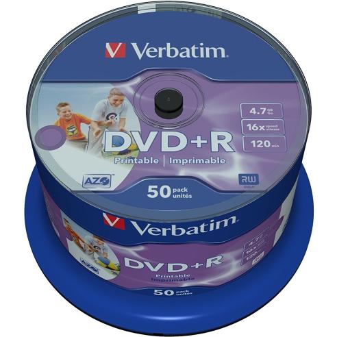 VERBATIM DVD+R, 4.7GB/120min, 16x Speed, Spindle, Сет 1/50, , Printable, VER43512