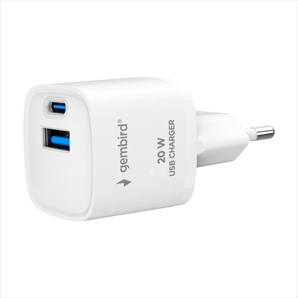 Gembird Полнач За Телефон 2-Портен USB-A USB-C 20W TA-UC-PDQC20-W-01