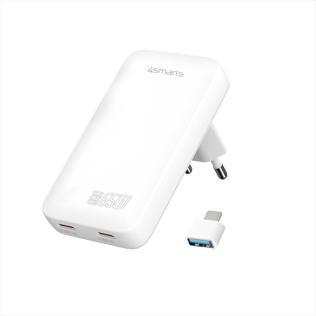 4Smarts Полнач За Телефон GaN FlatPlug Slim 2xType-C 65W Со Адаптер Бел
