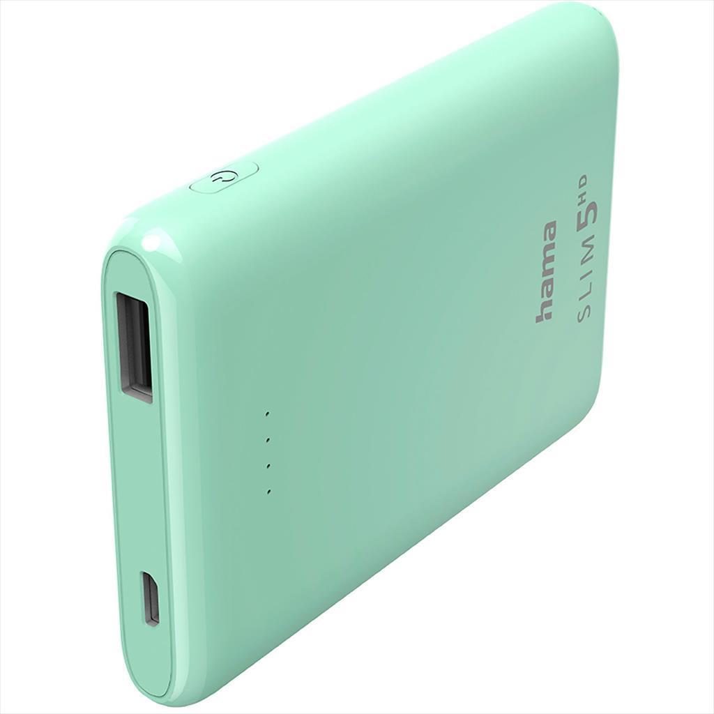 Hama Преносна Батерија Slim 5Hd 5000Mah 18.5W Влез (Micro-Usb), Излез Usb-A Зелена, 201665