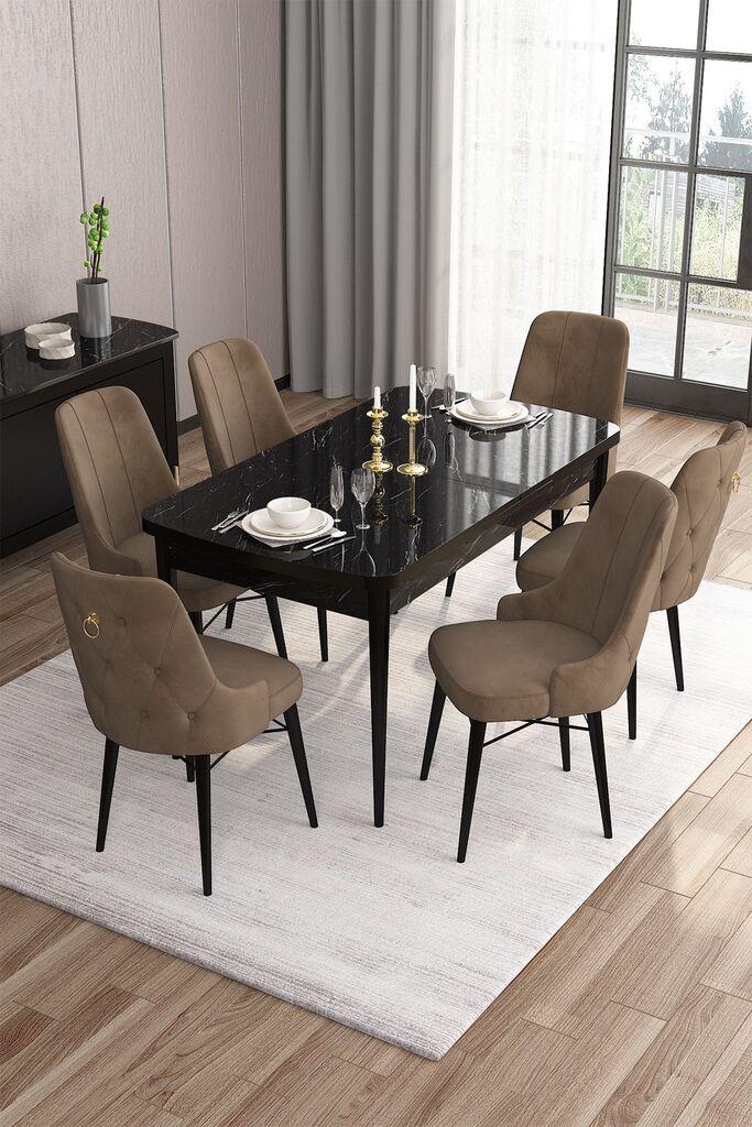 Hanah Home Set Трпезариска маса и 6 столчиња, кафеаво-црна