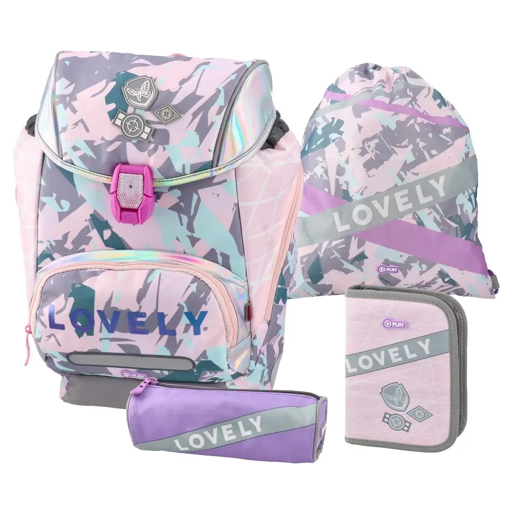 Комплет Play Logic 4 во 1, прекрасен, анатомски ранец, торба за патики, 2 футроли за моливи, шарени