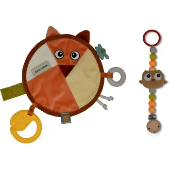 DOLCE Детска играчка Earth cuddle cloth & pacifier chain - Fiona Fox & Ollie Owl