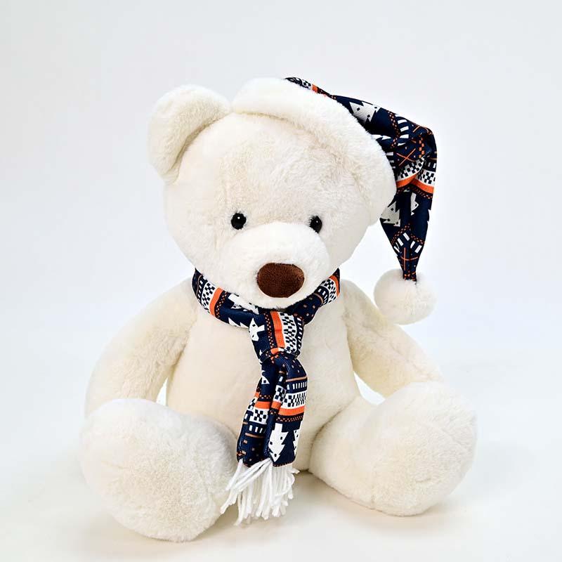 AMEK Новогодишно бело мече со шал и капа 38цм