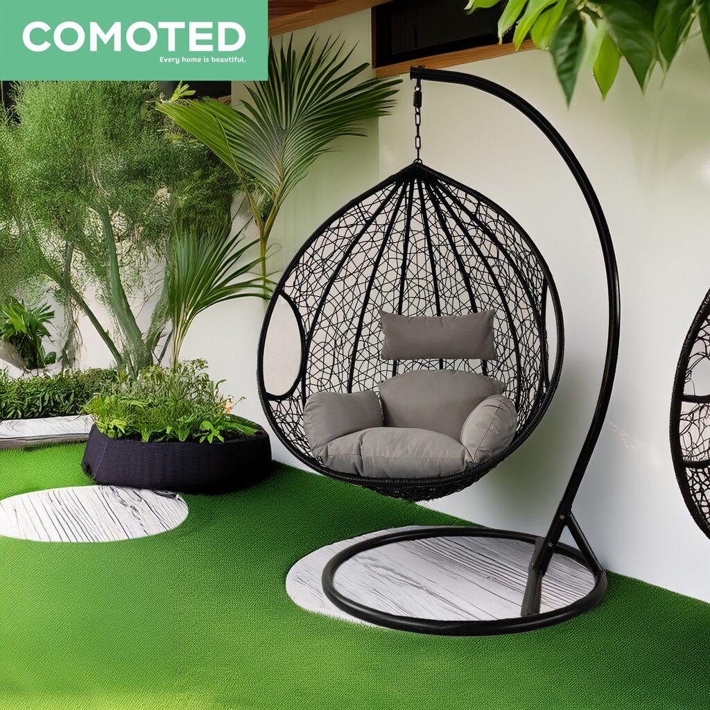 Comoted Лулашка за двор со челична рамка, црна боја, димензии 195×105×105 cm, стабилна и удобна за двор, градина или балкон