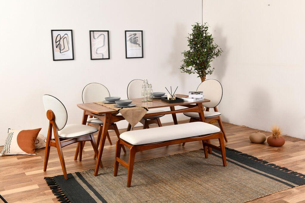 Hanah Home Гарнитура трпезариска маса, 4 трпезариски столчиња и клупа Touch Walnut