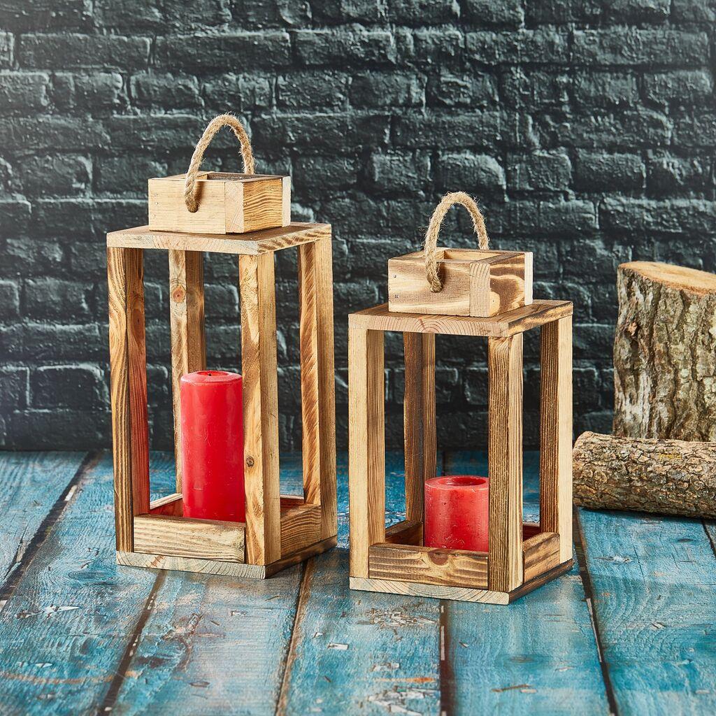 Комплет свеќници Aberto Design Двоен фенер, дрвен, 30x25 см