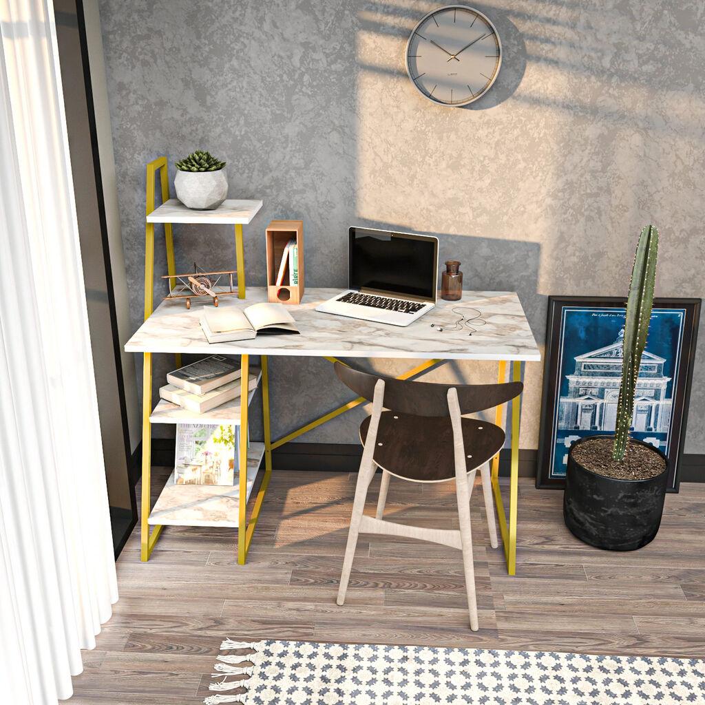 Работна маса Hanah Home 120x120x60 см, бело-златна