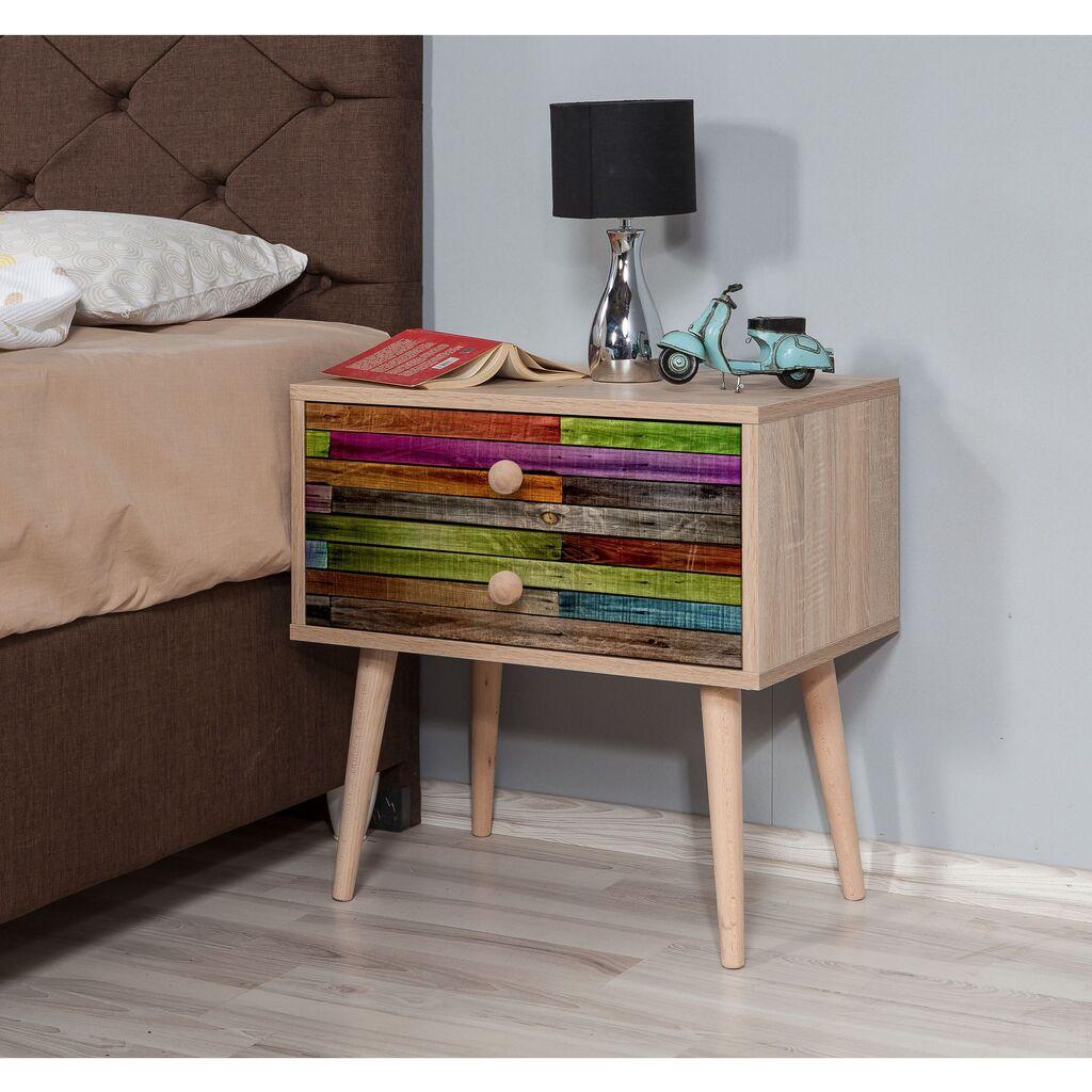 Hanah Home Two 726 Ноќна масичка, 2 фиоки, 60x61x40 см, шарена