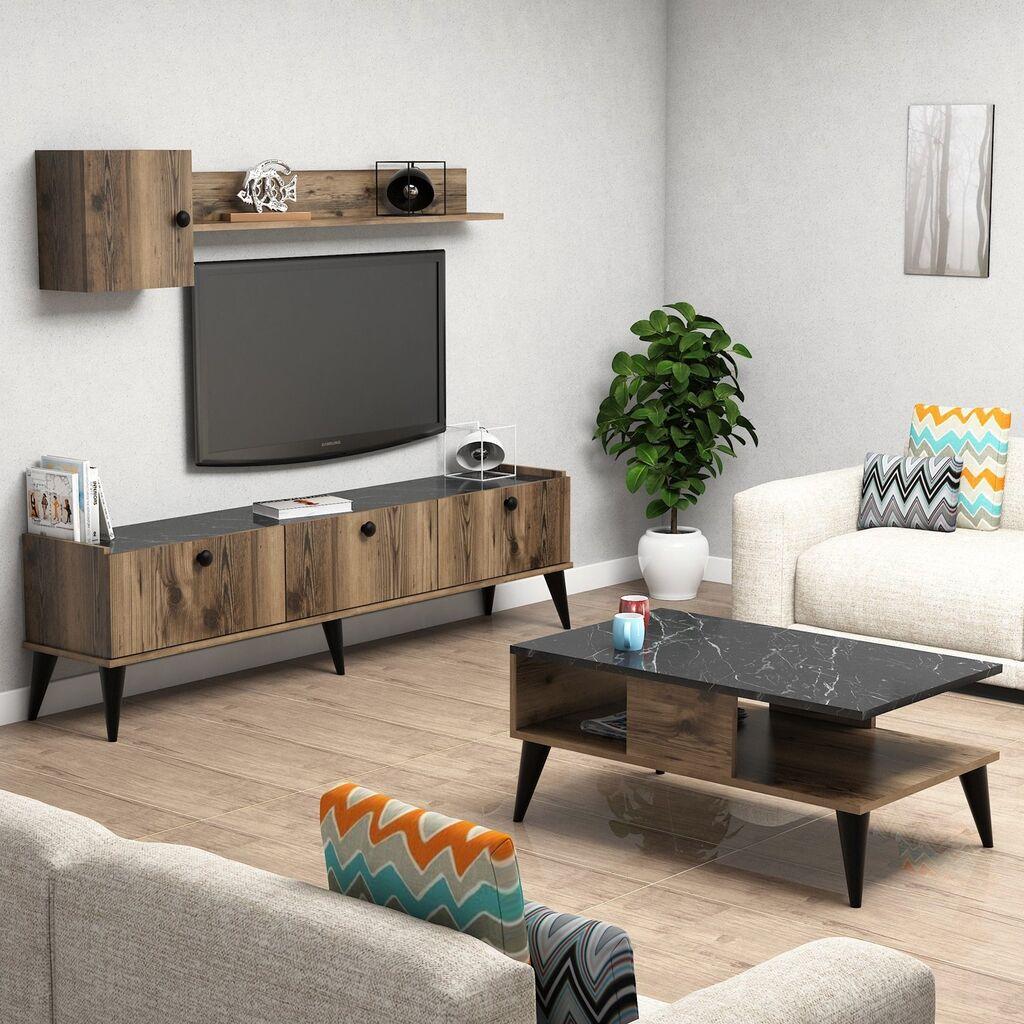 Комода за телевизор Hanah Home Set и клубска маса во беж-мермерна боја