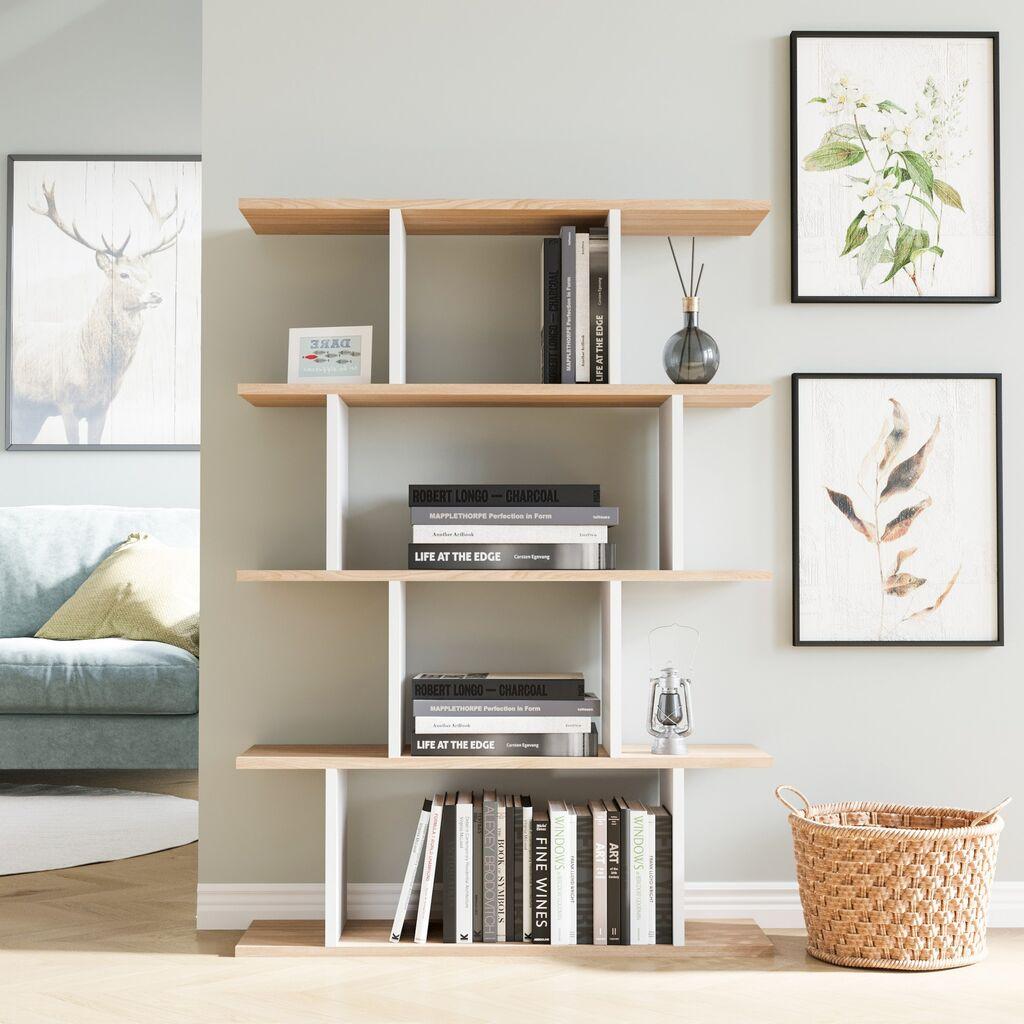 Полица за книги Hanah Home Harmon од бел даб 90x25x127.4 см, беж бела