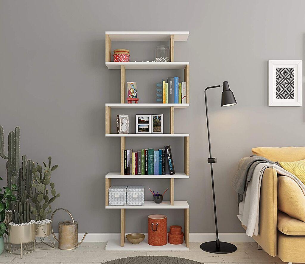 Полица за книги Hanah Home Bates од бел даб (ШxДxВ): 60x19,6x160 см, бела беж
