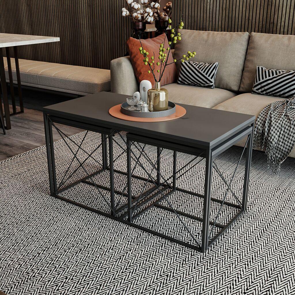 Hanah Home Defne Комплет клуб маси, 3 парчиња, антрацит