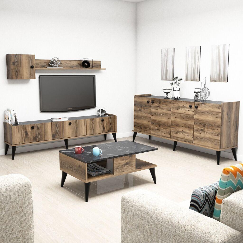 Комода за телевизор Hanah Home Set и клубска маса во беж-мермерна боја