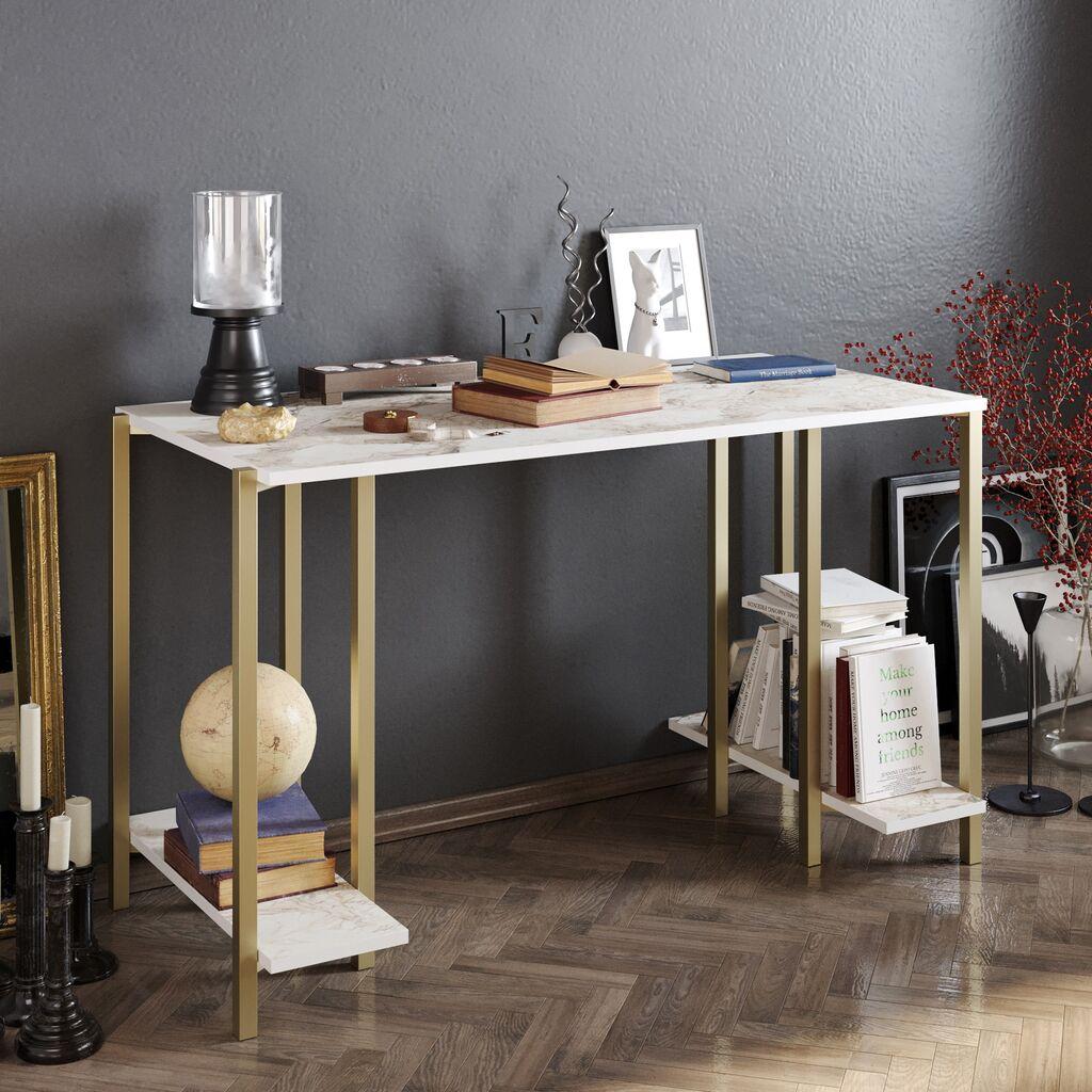 Биро Hanah Home 125x73.8x60 см, бело-златно