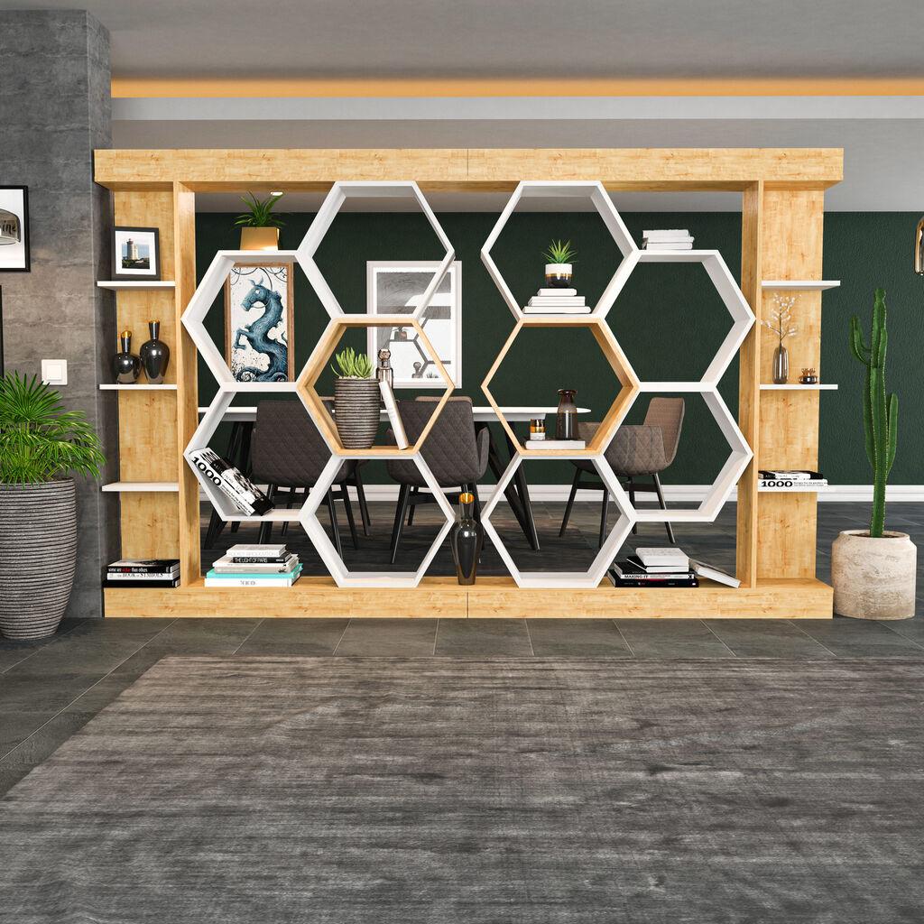 Полица за книги Hanah Home Sueno од бел даб 140x29.6x177.4 см, беж бела