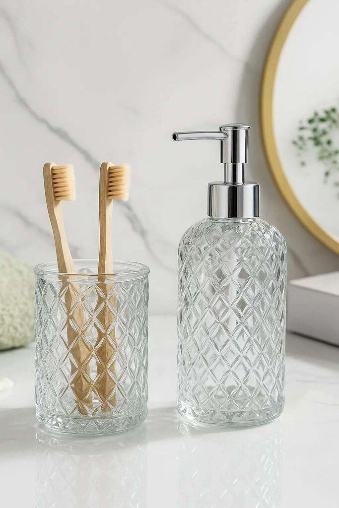 Комплет за бања Hermia, 2 парчиња, 100% стакло, 8 x 8 x 15 см, 8 x 8 x 11 см