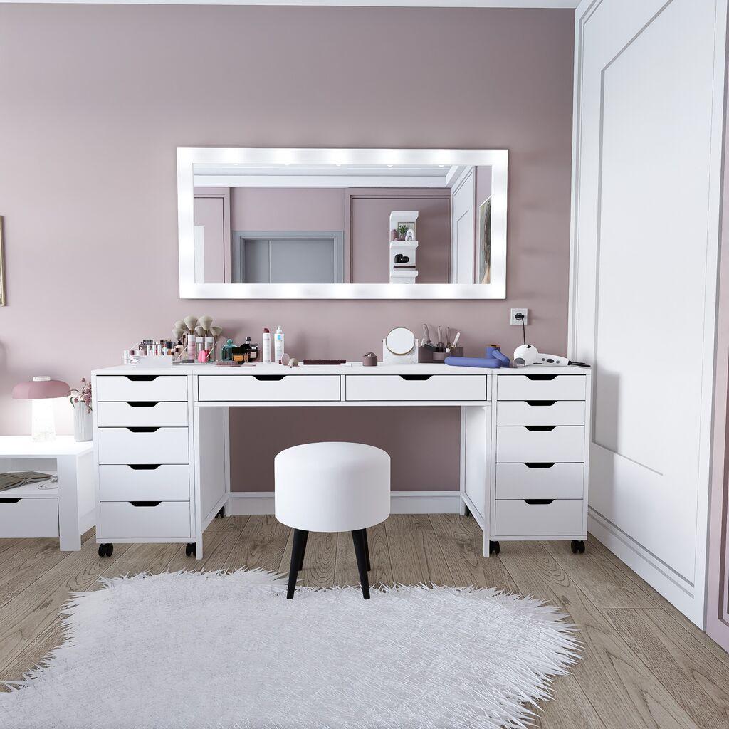 Маса за шминка Hanah Home Duru 1600-55, 200x77.4x55 см, бела