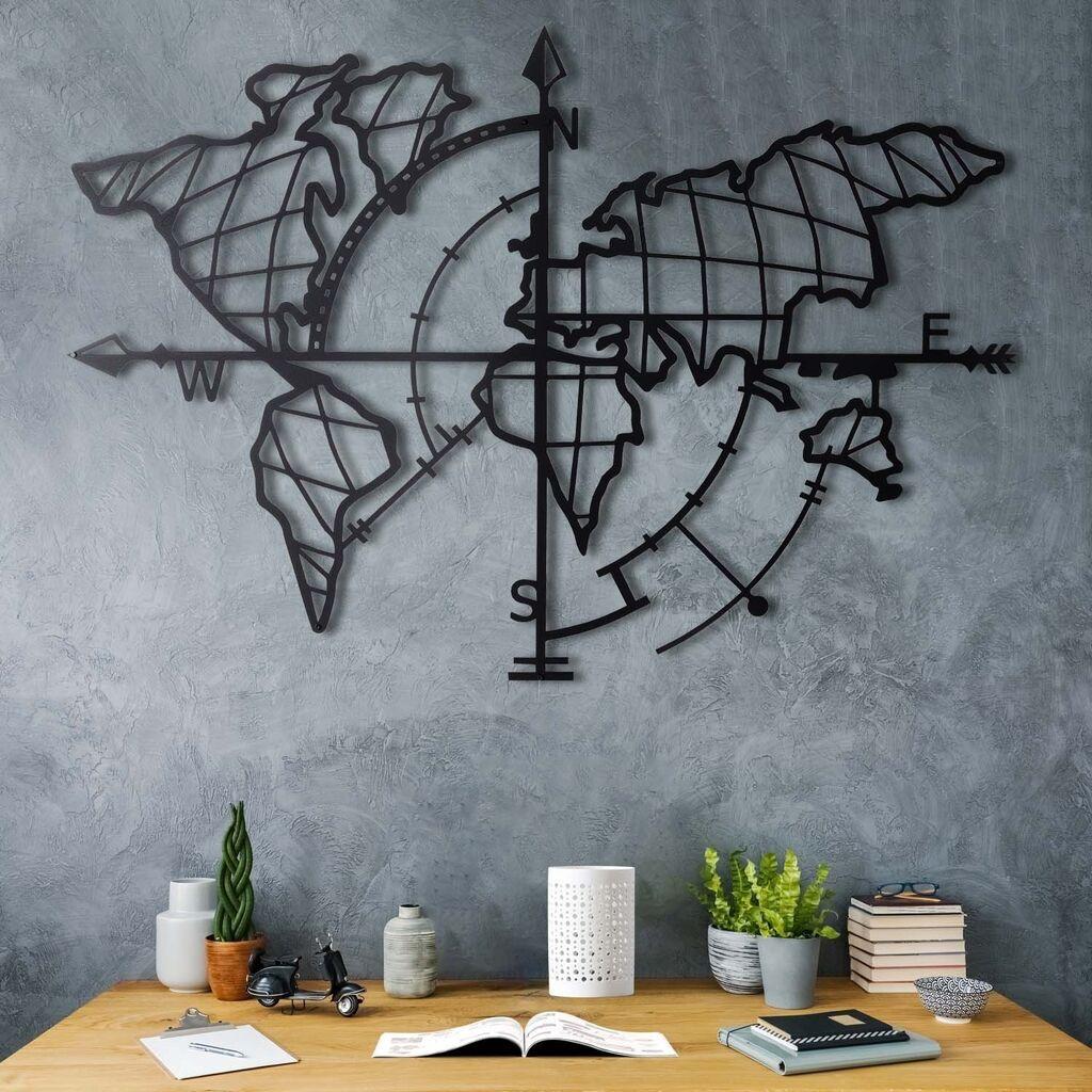 Wallity dzидна декорација со карта на светот, компас, 65x95 см, црна