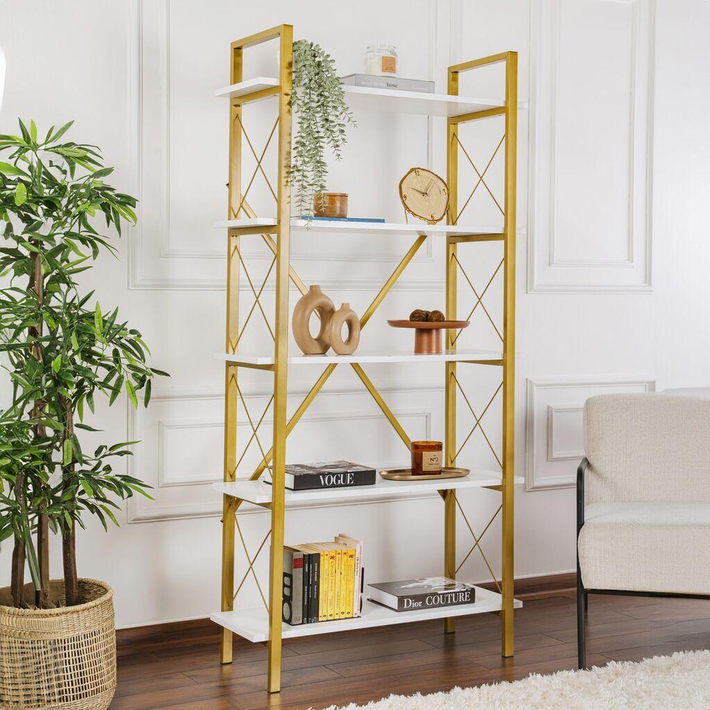 Полица за книги Hanah Home Elysian, 90x180x33.5 см, бела и златна