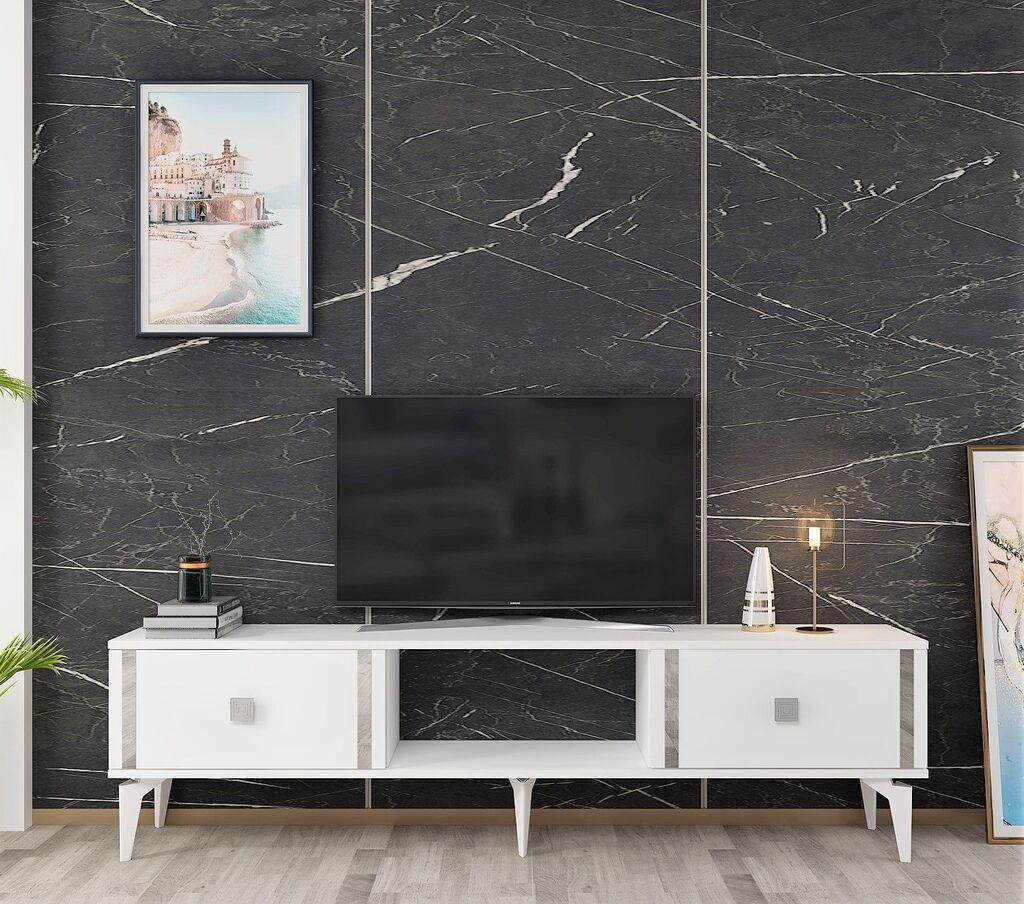 Комода за телевизор Hanah Home Doruk, 150x44.6x29.6 см, бела-сребрена