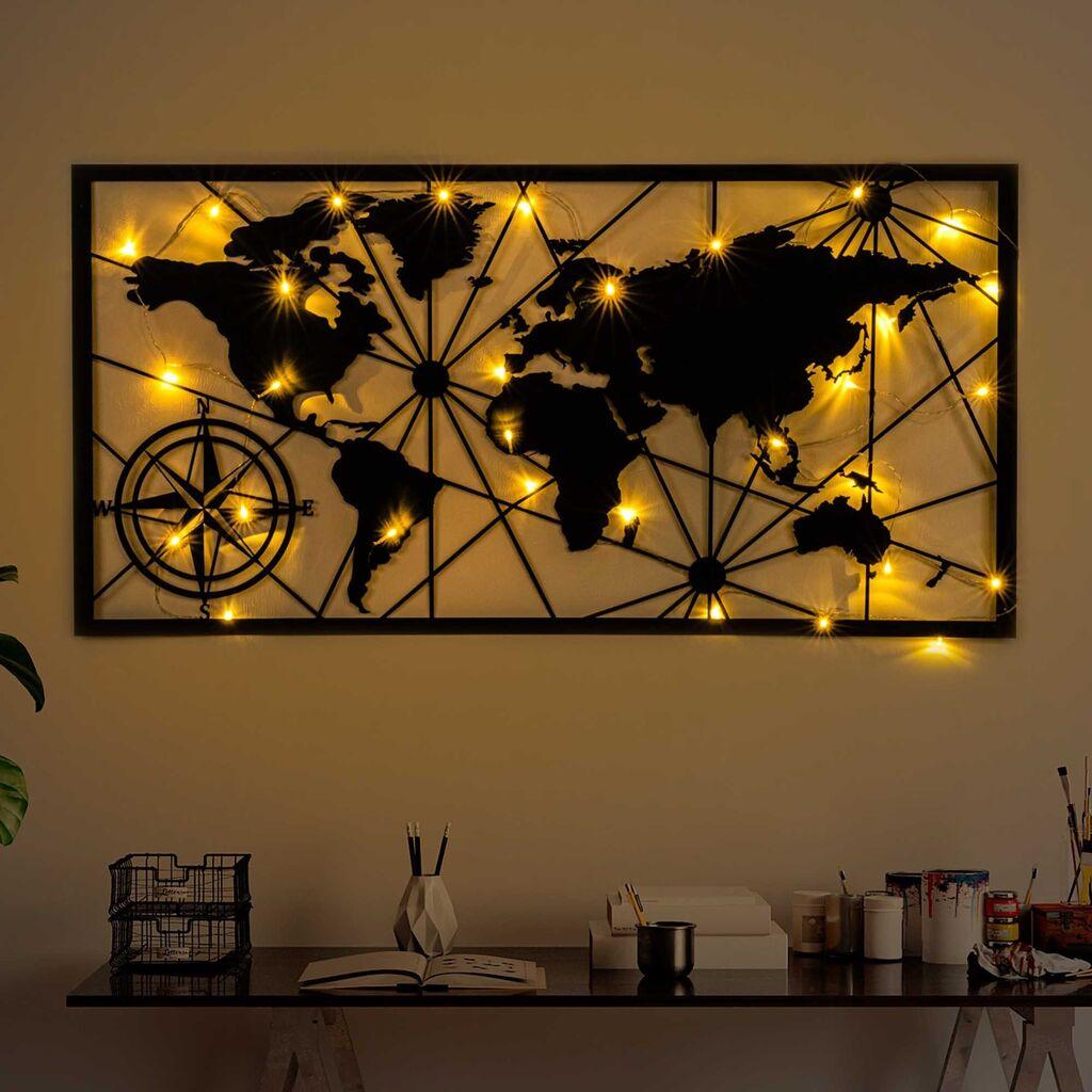 Wallity dzидна декорација со мапа на светот LED 452, 60x120 см, 1,5 мм, IP20, црна